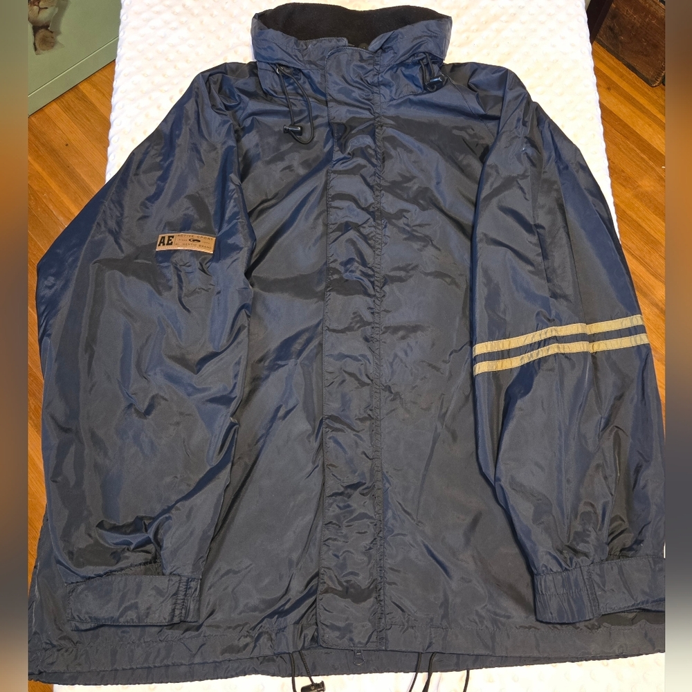 American Eagle Outfitters Navy Hooded Windbreaker with Tan Stripe Detail